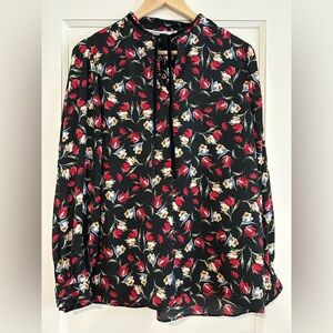 Zara Basic Z1975 Denim Black Floral Blouse w/Black Velvet Tie at Neck